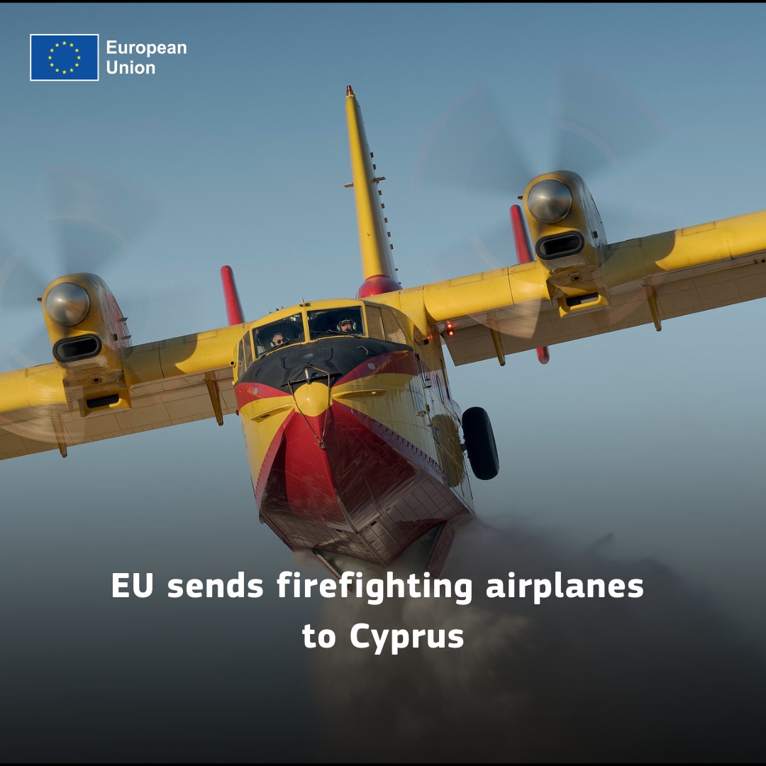 EUCYPRUS's tweet image. Η Ευρωπαϊκή Ένωση στέλνει πυροσβεστικά αεροσκάφη στην Κύπρο. Περισσότερα στο δελτίο τύπου: europa.eu/!wyM6m3
---
EU sends firefighting airplanes to Cyprus. More info in the press release: europa.eu/!CYNxHh