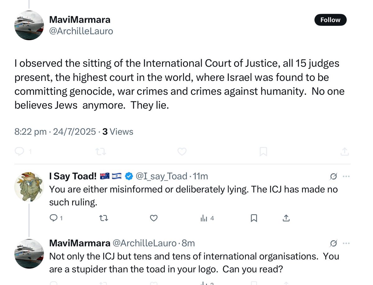 I_say_Toad's tweet image. Pro-Palestinian account claims to “have observed” the ICJ finding Israel guilty of genocide and war crimes. When called out on this lie, simply shouts it louder and dives for the block button. This is so typical of these people.