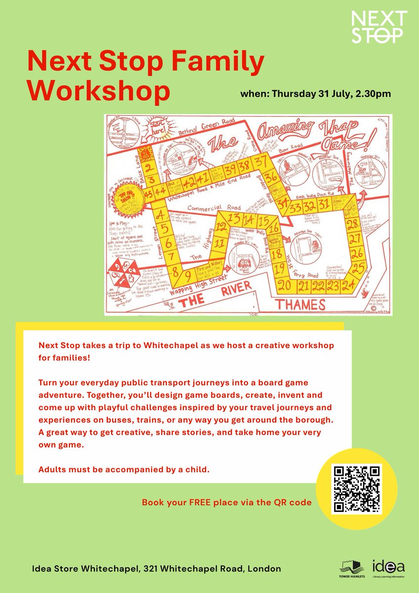 LBTHArchives's tweet image. Next Stop Family Workshop
Thursday 31 July, 2.30pm at Idea Store Whitechapel
Next Stop takes a trip to Whitechapel as we host a creative workshop for families!
Adults must be accompanied by a child.
Book here orlo.uk/8knuJ