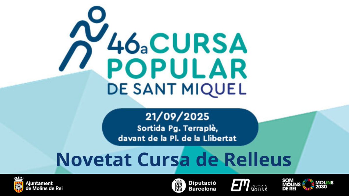 EsportsMolins (@esports_molins) on Twitter photo Com a novetat aquest any, tenim la Cursa d Relleus per parelles, és manté el preu d’inscripció i el recorregut de 5 km x 2 voltes (una volta x participant) cadascú haurà de fer 5 km i fer el relleu a la sortida.
Inscripció: molinsderei.site/cursasantmique…
<a href="/AjMolinsdeRei/">Ajuntament de Molins de Rei</a>
#SomMolinsdeRei Com a novetat aquest any, tenim la Cursa d Relleus per parelles, és manté el preu d’inscripció i el recorregut de 5 km x 2 voltes (una volta x participant) cadascú haurà de fer 5 km i fer el relleu a la sortida.
Inscripció: molinsderei.site/cursasantmique…
<a href="/AjMolinsdeRei/">Ajuntament de Molins de Rei</a>
#SomMolinsdeRei