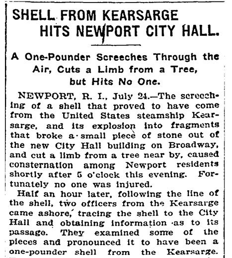 OTDRhodeIsland's tweet image. #OTD July 24, 1901, the steamship USS Kearsage, the flagship of the Atlantic Squadron, accidentally fired a shell while at anchor in Narragansett Bay. According to the @nytimes, the shell struck a tree next to Newport's City Hall, which sustained damage from the shrapnel.