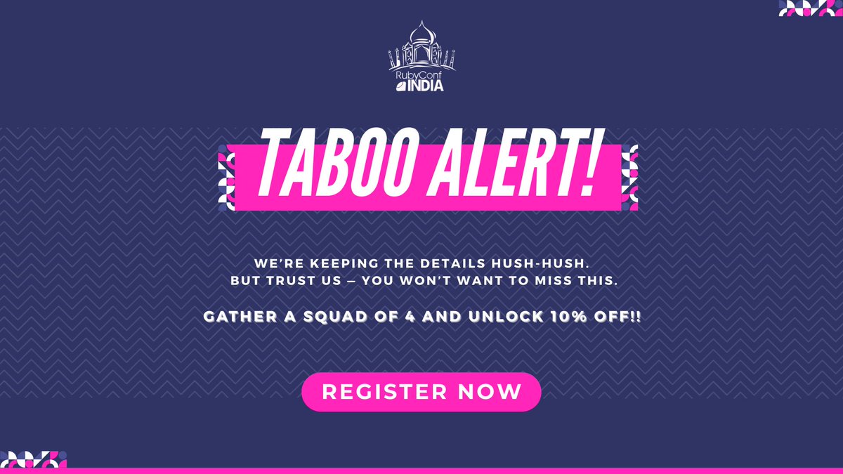 There’s a little secret brewing behind the scenes...
We can’t say much - yet. But trust us, you’ll want in. 

🎟️ Add 4 tickets
💰 Get 10% off, automatically.
townscript.com/e/rubyconf-ind…

No code. No catch. Just RubyConf vibes.
Register now - while the clues stay quiet.

#RCI25