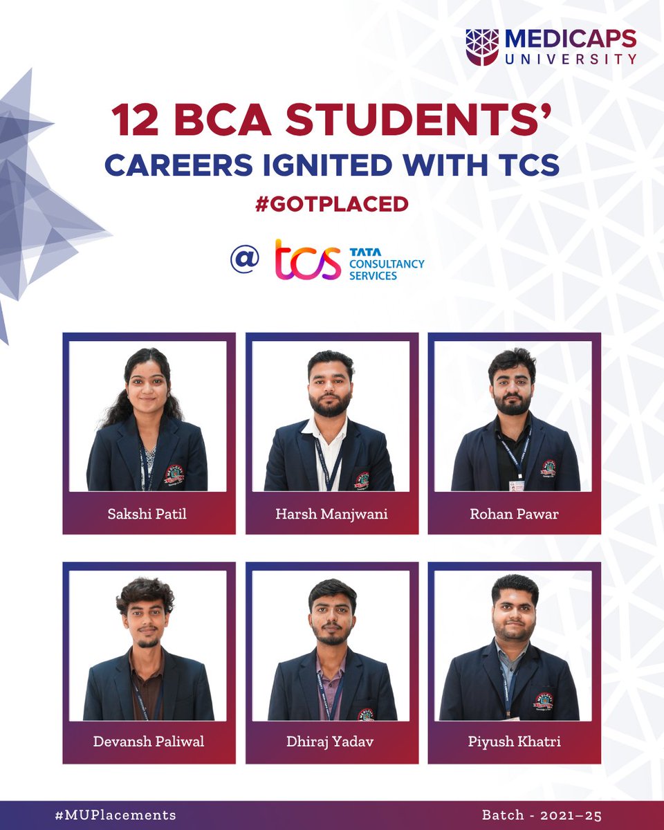 Medicaps_Indore's tweet image. 12 BCA Students of Medicaps have secured placements through the @TCS Smart & Ignite program, reflecting their consistent efforts and readiness for the professional world. 💯
Congratulations, Students! ✨
#CampusPlacement #TCSPlacement #ComputerApplication #TechCareers