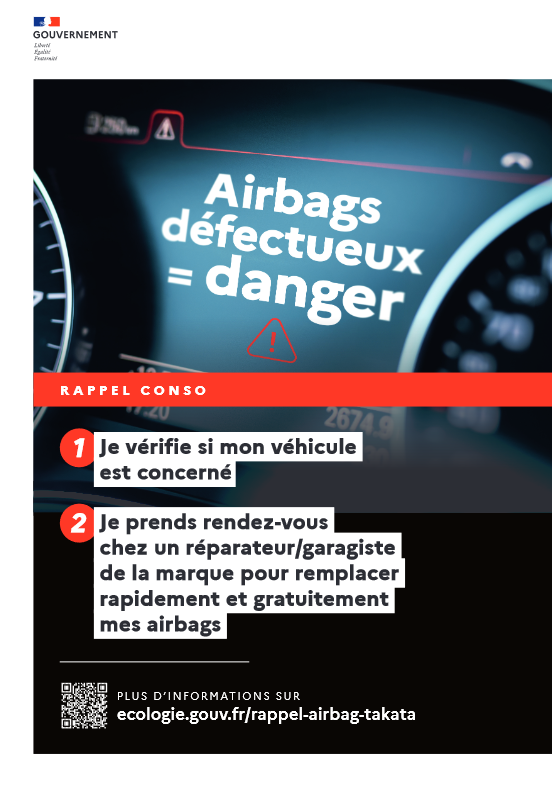 ⚠️🚗 Campagne de rappel des airbags Takata

Vous avez un véhicule susceptible d’être équipé d’un airbag #Takata ? Ne prenez aucun risque : ⤵️

1⃣ Vérifiez vos courriers ou contactez le constructeur pour vérifier si vous êtes concerné ;

2⃣ Si oui, contactez au plus vite un
