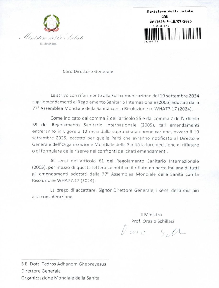 Marcolisei's tweet image. Ecco la lettera del Ministro Schillaci, con la quale il Governo di Giorgia Meloni, respinge gli emendamenti al RSI.
Giusto per sgomberare dubbi di qualunque tipo: "Le notifico il rifiuto da parte italiana di tutti gli emendamenti".