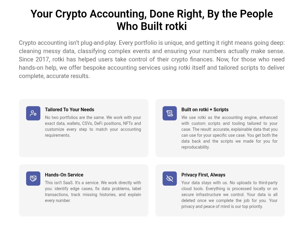 LefterisJP's tweet image. You all probably tried various apps for crypto accounting, expecting a nice plug&play experience, only to realize it's an impossible task
We know.
This is why we @rotkiapp are offering a bespoke accounting service for individuals, companies and DAOs
👉 rotki.com/bespoke