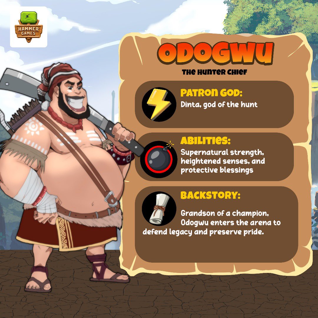 Hammer Games (@hammergameworld) on Twitter photo Meet the Hunter Chief: Odogwu
Odogwu grew up hearing stories about his grandfather, a warrior who once ruled the arena. Now, it’s his turn. With strength, sharp senses, and blessings from the god of the hunt, he’s here to protect his name and his people.
Will he live up to the Meet the Hunter Chief: Odogwu
Odogwu grew up hearing stories about his grandfather, a warrior who once ruled the arena. Now, it’s his turn. With strength, sharp senses, and blessings from the god of the hunt, he’s here to protect his name and his people.
Will he live up to the