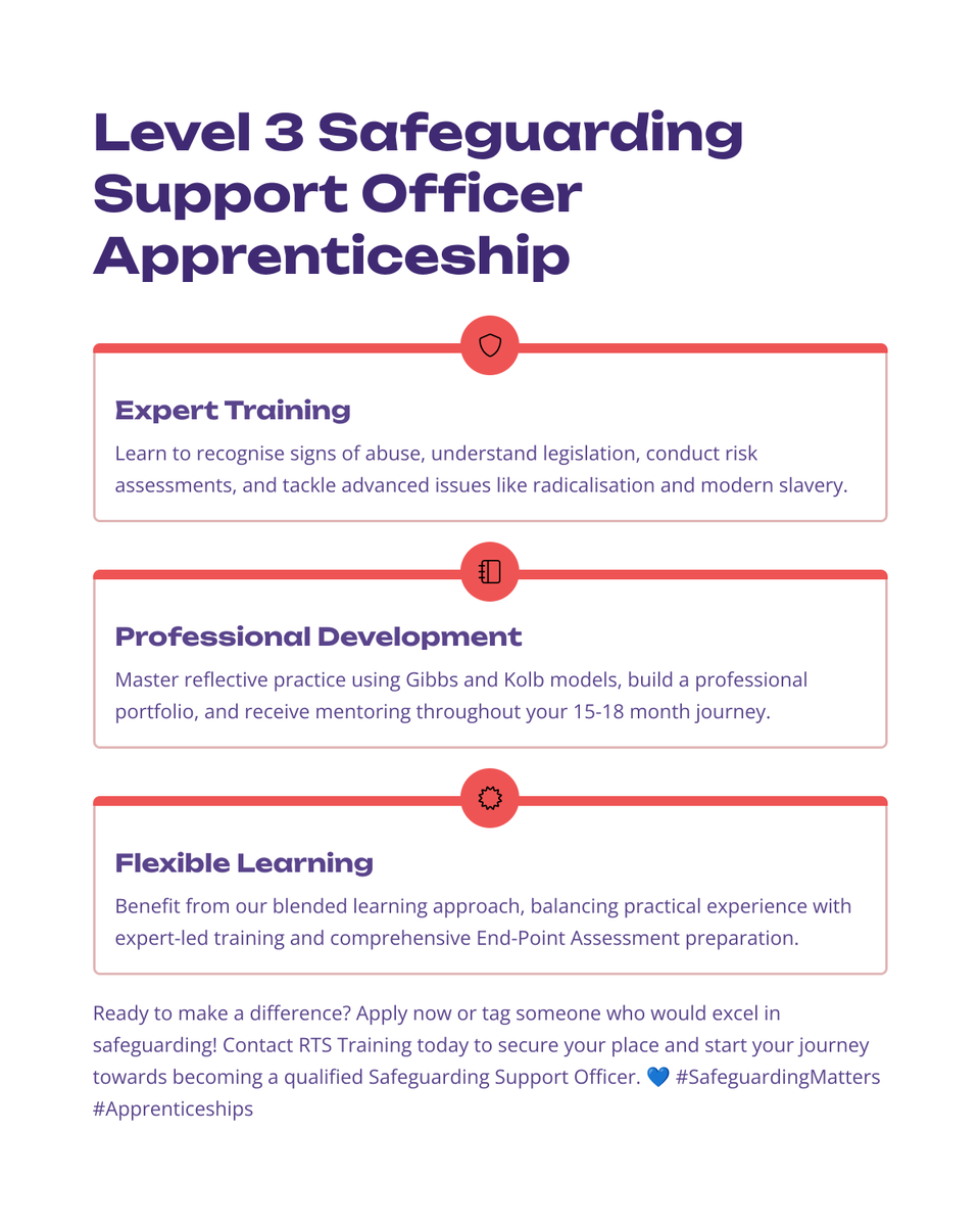 🚨 New Apprenticeship Alert!
Become a certified Safeguarding Support Officer (Level 3) with RTS Training.
✅ Spot &amp; respond to abuse
✅ Manage safeguarding risks
✅ Work with multi-agency teams

Blended learning | Expert mentors | Real impact
📩 DM us or visit our site to apply.
