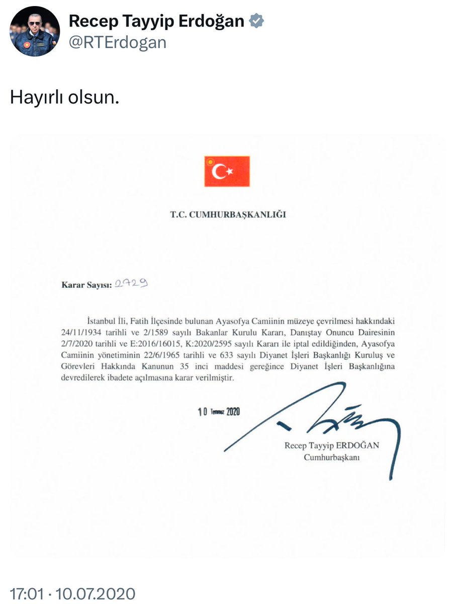 86 yıl sonra fethin sembolü, Fatih’in vasiyeti ve emaneti Ayasofya-i Kebîr Cami-i Şerîfi’nin aslına rücu ettiğini görmeyi bizlere nasip eden Allah’a hamdolsun.

Ayasofya’nın ibadete açılışının 5. yılı hayırlı olsun.