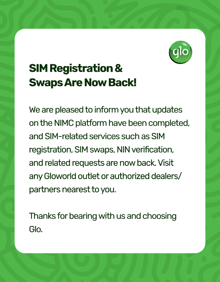 GloWorld's tweet image. Good news! You can now walk into any Gloworld or authorized outlet for SIM registration, swaps, and NIN verification.
Service has been fully restored following the update on the NIMC platform.
#GloUnlimited #Gloworld #SIMregistration