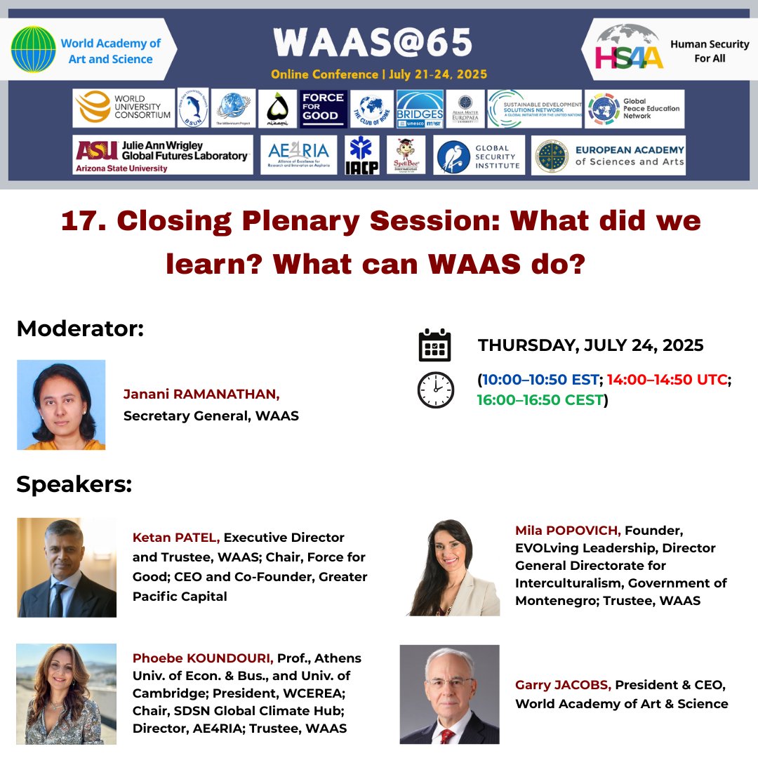 _WAAS_'s tweet image. ⏳ Just 30 minutes to go!
The final day of the WAAS@65 Conference is about to begin!
🗓️ Thursday, July 24, 2025 – Day 4
🕗 Starts at 8:00 EST | 12:00 UTC | 14:00 CEST
🖥️ Join via Zoom:
🔗 Parallel A: us02web.zoom.us/j/81669791341
🔗 Parallel B: us06web.zoom.us/j/83711354801