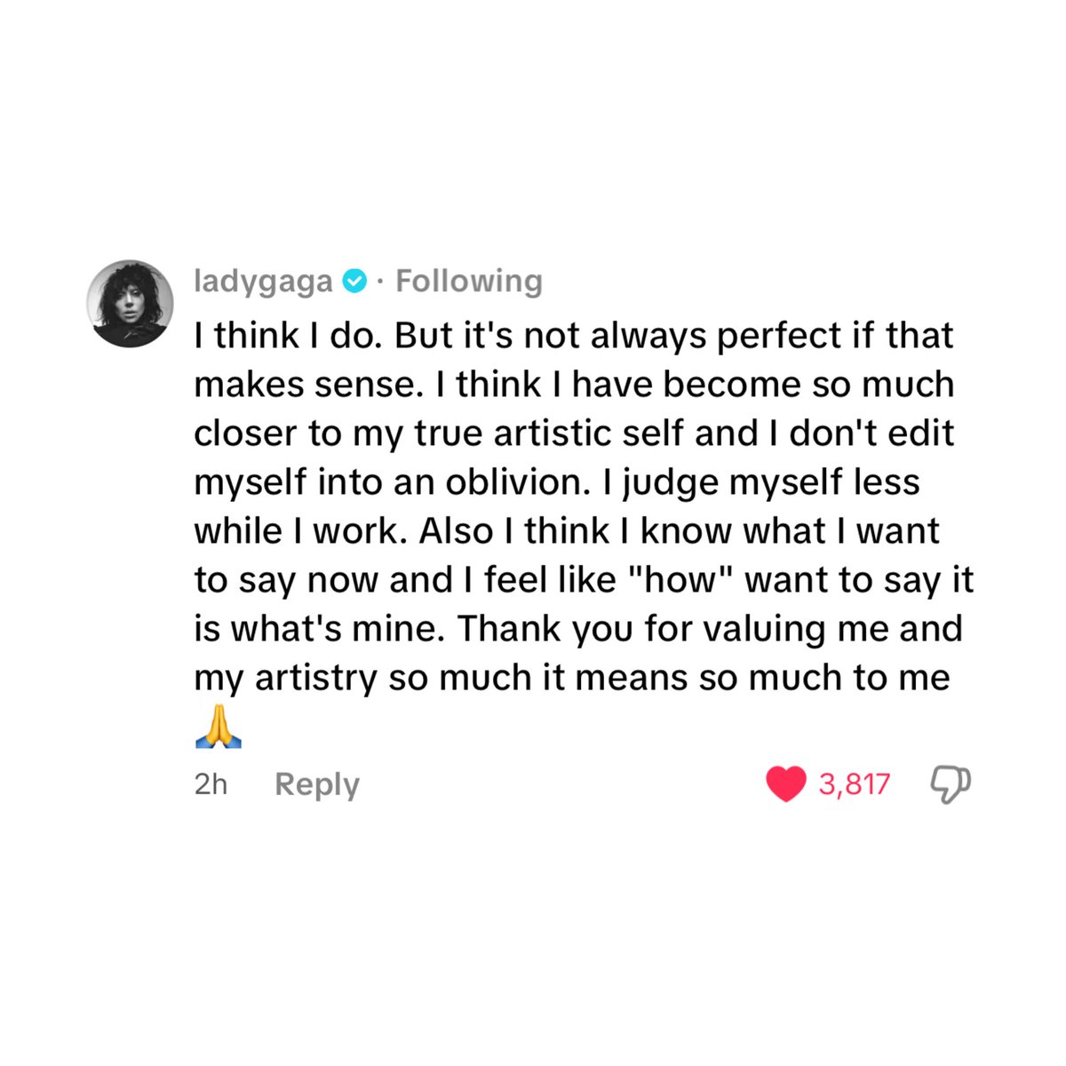 mayhembygaga's tweet image. π¨ Lady Gaga replies to a fanβs TikTok question asking whether she thinks she has developed to where she wants to be within her 17 year career