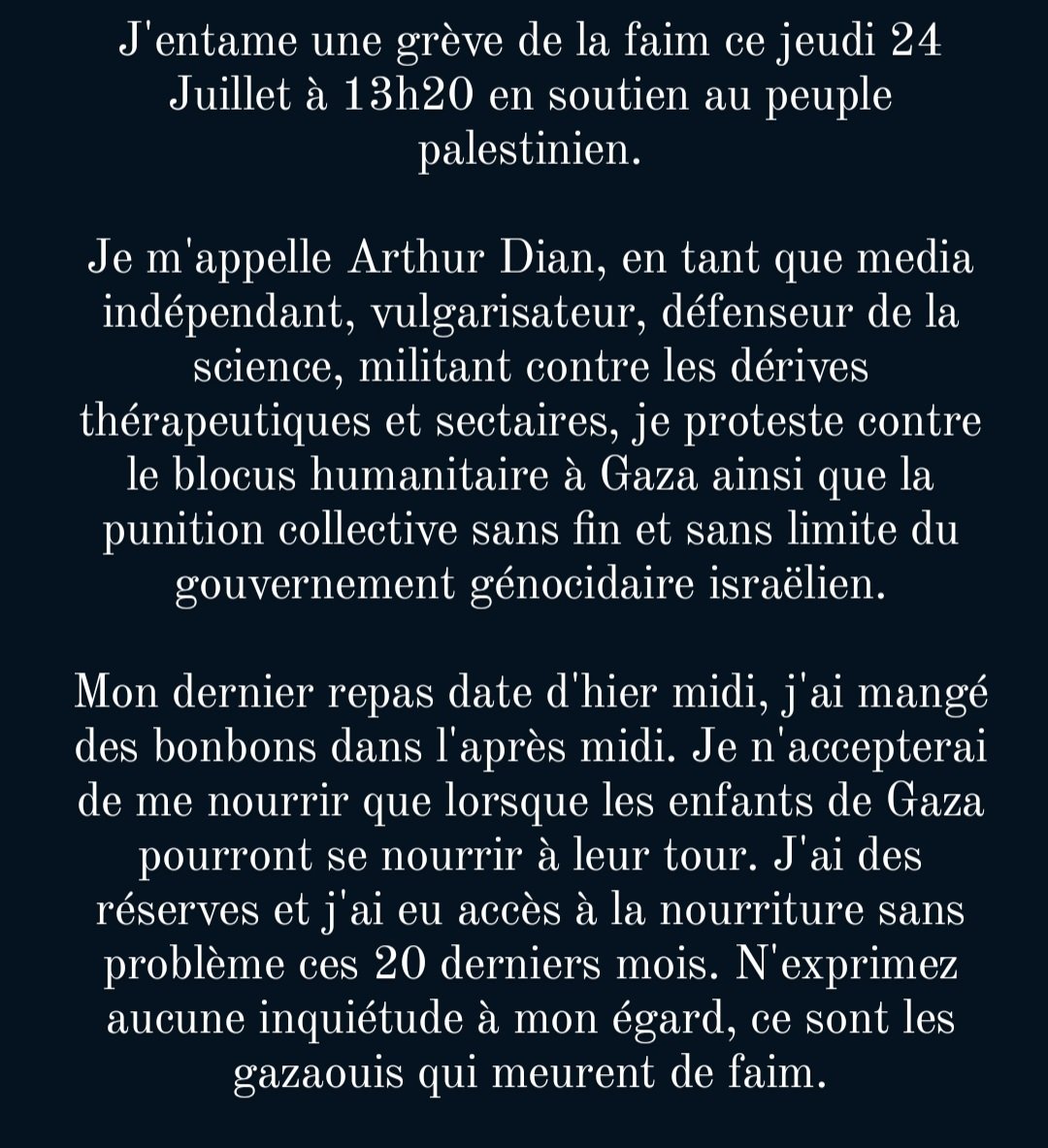 o_d_e_c's tweet image. Je fais une grève de la faim tant que la communauté internationale restera spectatrice de ce que fait Israël à Gaza.