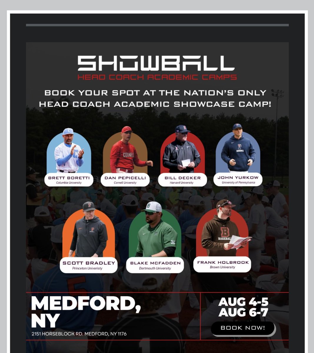 ShowBallCamps's tweet image. See 7 of the IVY Head Coaches Aug 4-5 and 6-7! @IvyLeague @ptwsports @axcessbaseball @CornellBaseball @HarvardBaseball @PUTigerBaseball @PennBaseball @CULionsBaseball @BigGreenBSB @BrownU_Baseball