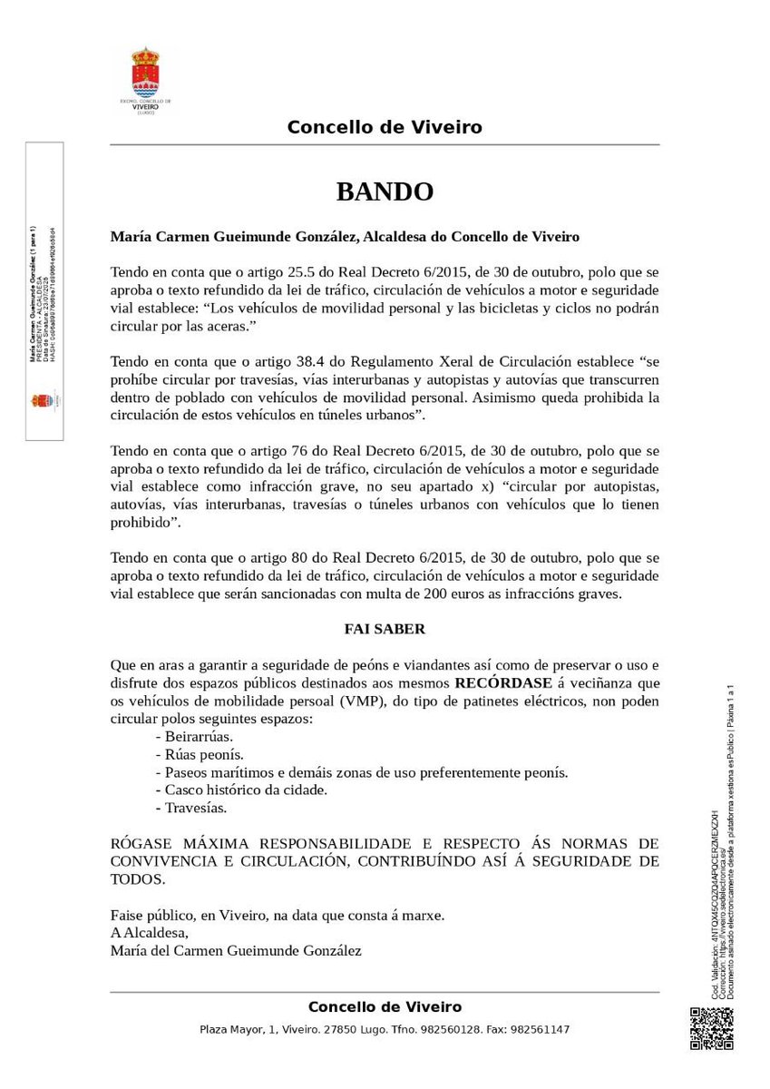 🛴 O Concello de Viveiro reforza as normas de circulación para patinetes eléctricos.

⛔️ Prohibición de circular con patinetes eléctricos por zonas peonís, beirarrúas, paseos marítimos, o casco histórico e travesías do municipio.

ℹ️ Máis info: 🔗 goo.su/M4g5X