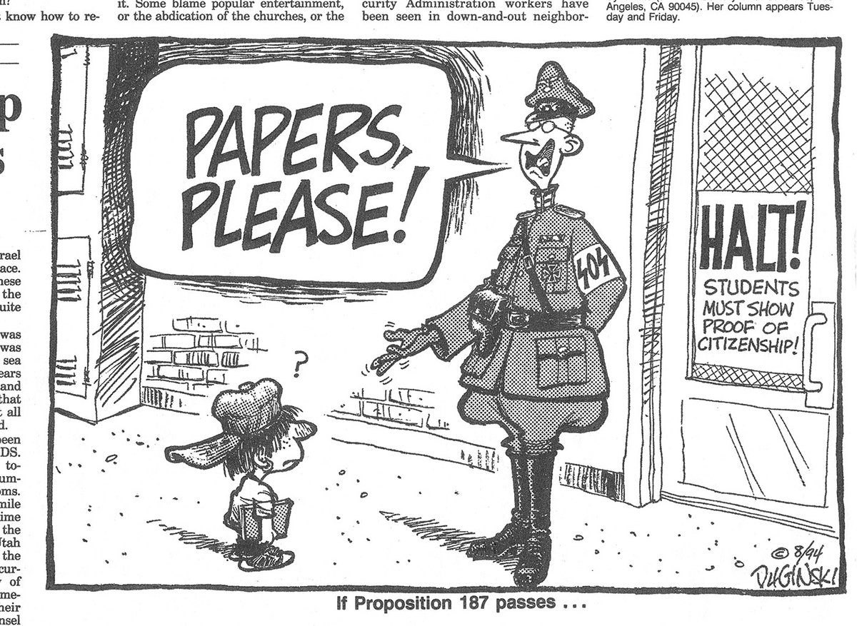#TBThursday Long before Trump advisor Stephen Miller appeared on the scene, there was California's Prop. 187, a.k.a. the "Save Our State" (SOS) initiative. This cartoon ran in the Fresno Bee on Sept. 2, 1994. Miller was 9 years old at the time.