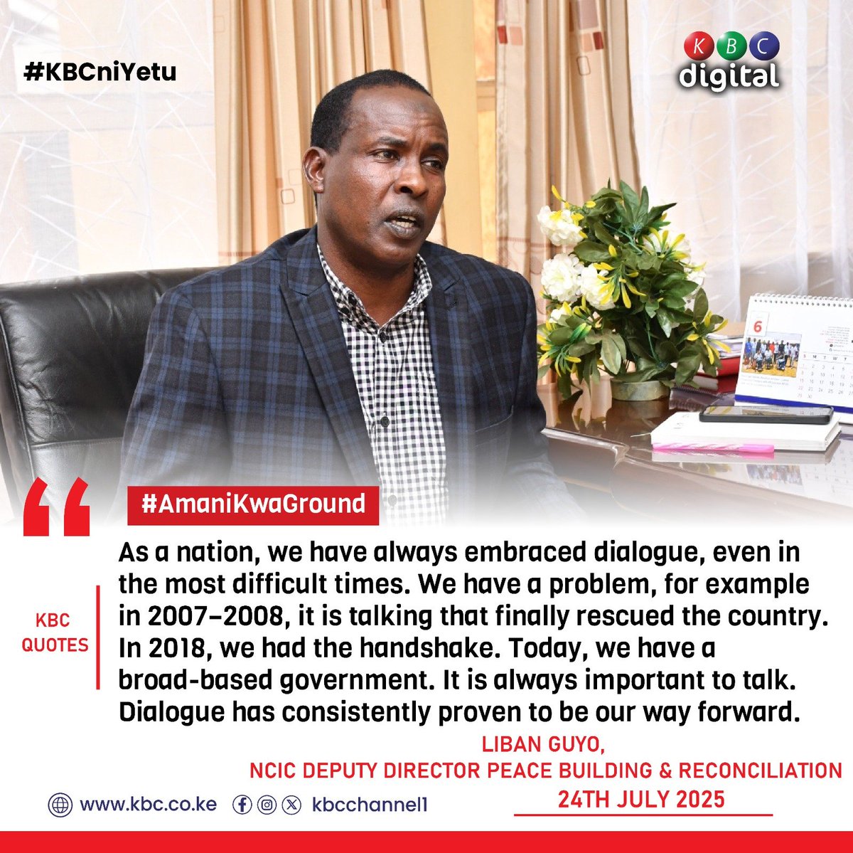 “As a nation, we have always embraced dialogue, even in the most difficult times. We have a problem, for example in 2007–2008, it is talking that finally rescued the country.”
Liban Guyo, NCIC Deputy Director Peace Building &amp; Reconciliation
#AmaniKwaGround ^RO