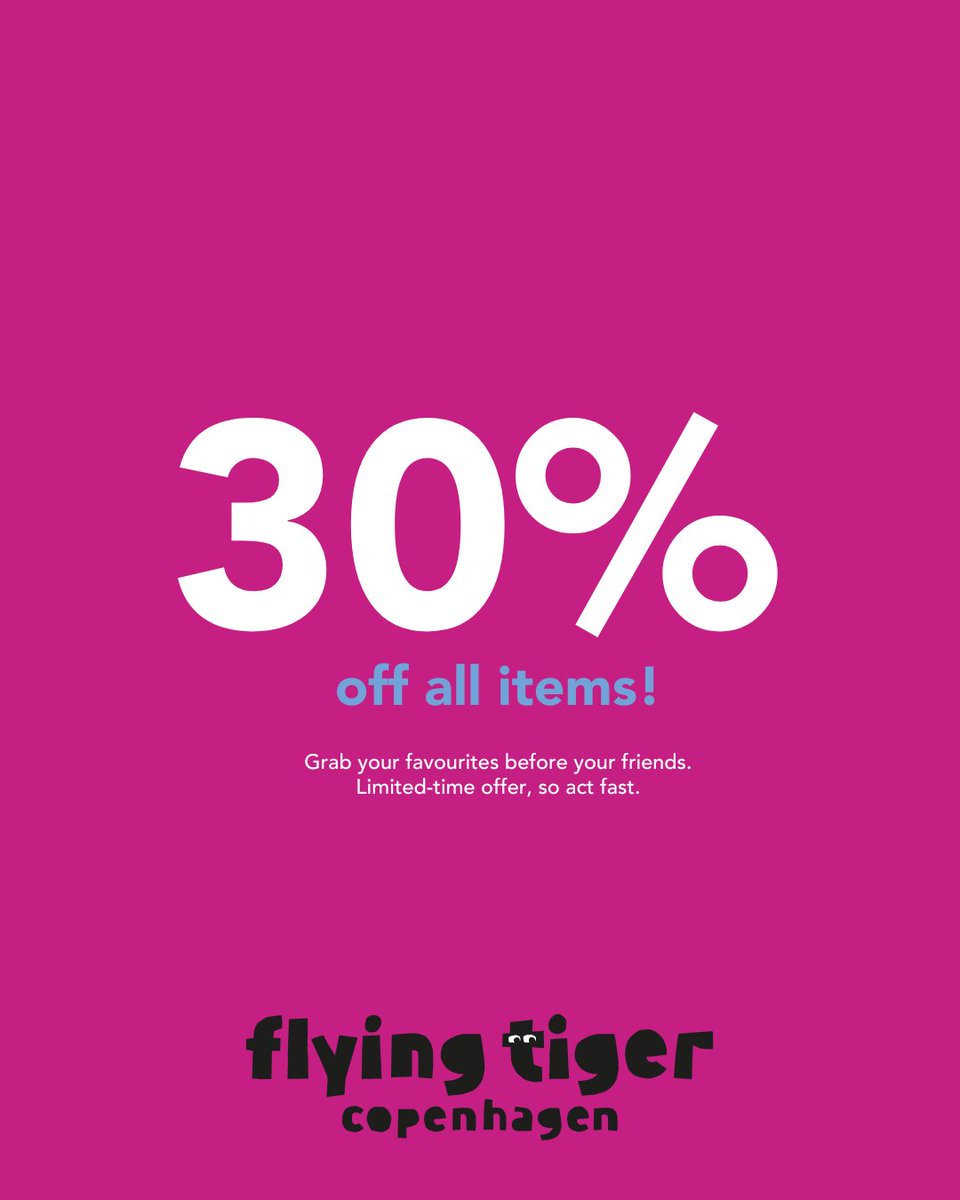 🥳 Flying Tiger have 30% off all items from now until 30 July only!  Make sure to stock up on your favourite items! 

#flyingtiger