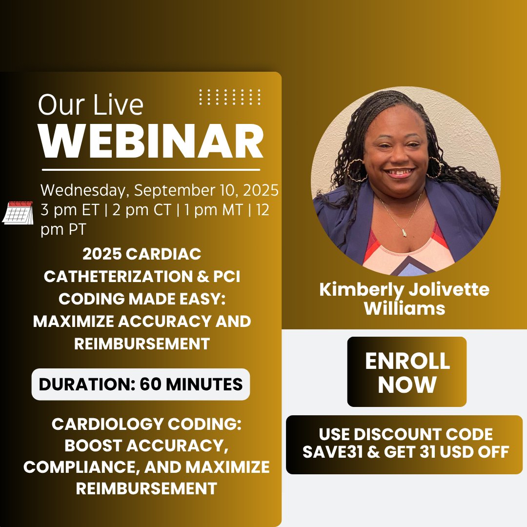 skillacquire's tweet image. 🎯 2025 Cardiac Catheterization & PCI Coding Made Easy: Maximize Accuracy and Reimbursement
✅ CPT® Updates
🎓Live Webinar By Expert Kimberly Jolivette Williams
💸Use SAVE31 for $31 OFF
🔗 tinyurl.com/myu2u54z
#CardiologyCoding #CPT2025 #MedicalBilling #HealthcareWebinar