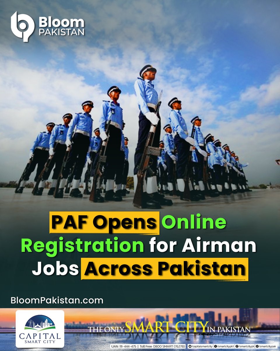 bloom_pakistan's tweet photo. The Pakistan Air Force (PAF) has officially opened online registrations for Airman Jobs 2025, offering a prestigious opportunity for young, passionate individuals to serve the nation.
Read More:
https://t.co/3uGfy4CFBT
#BloomPakistan @DGPR_PAF #PAFJobs2025 #AirmanJobs #JoinPAF #PakistanAirForce #ServeTheNation #PAFCareers #DefenseJobsPK #OnlineRegistration