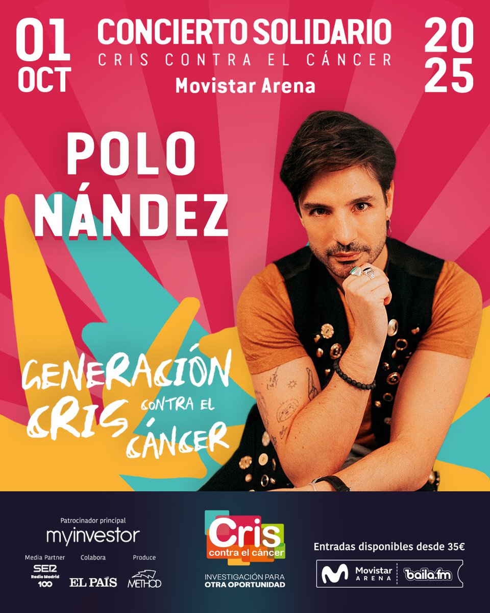 CRIS contra el cáncer (@criscancer) on Twitter photo 🔴El artista <a href="/Polo_Nandez_/">Polo Nandez</a> se une al #ConciertoGeneraciónCRIS por algo que va más allá de la música: apoyar la investigación.💛
🎟️Entradas: ow.ly/RB7a50W1Zwo
¡Gracias una vez más a <a href="/MyInvestorES/">MyInvestor</a>, <a href="/La_SER/">Cadena SER</a> <a href="/el_pais/">EL PAÍS</a> y #AgenciaMethod por hacer esto posible! 🔴El artista <a href="/Polo_Nandez_/">Polo Nandez</a> se une al #ConciertoGeneraciónCRIS por algo que va más allá de la música: apoyar la investigación.💛
🎟️Entradas: ow.ly/RB7a50W1Zwo
¡Gracias una vez más a <a href="/MyInvestorES/">MyInvestor</a>, <a href="/La_SER/">Cadena SER</a> <a href="/el_pais/">EL PAÍS</a> y #AgenciaMethod por hacer esto posible!