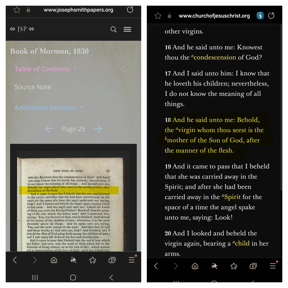 Apologetics941's tweet image. The 1830 edition of first Nephi in the Book of Mormon says:
"Behold the Virgin which thou seeth, is the mother of God, after the manner of the flesh".
The current edition of first Nephi in the Book of Mormon today says:
"And he said unto me: Behold the Virgin which thou seeth…