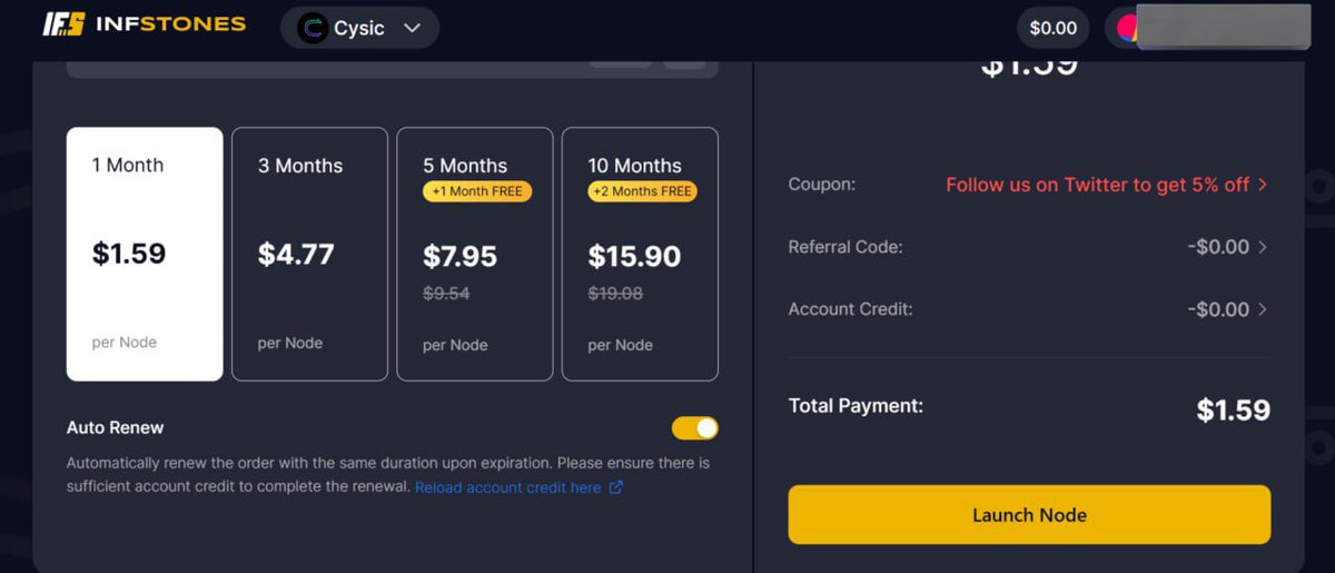 Jessicalevi13's tweet image. For users wondering how I bought the Cysic node, this is how;

Cost: $1.59

- visit app.infstones.com/cysic?referral…
- connect your wallet(same wallet you used for Cysic testnet preferably )
- select a plan(I chose 1 month purchase)
- click on ‘launch node’ and paste or confirm the…