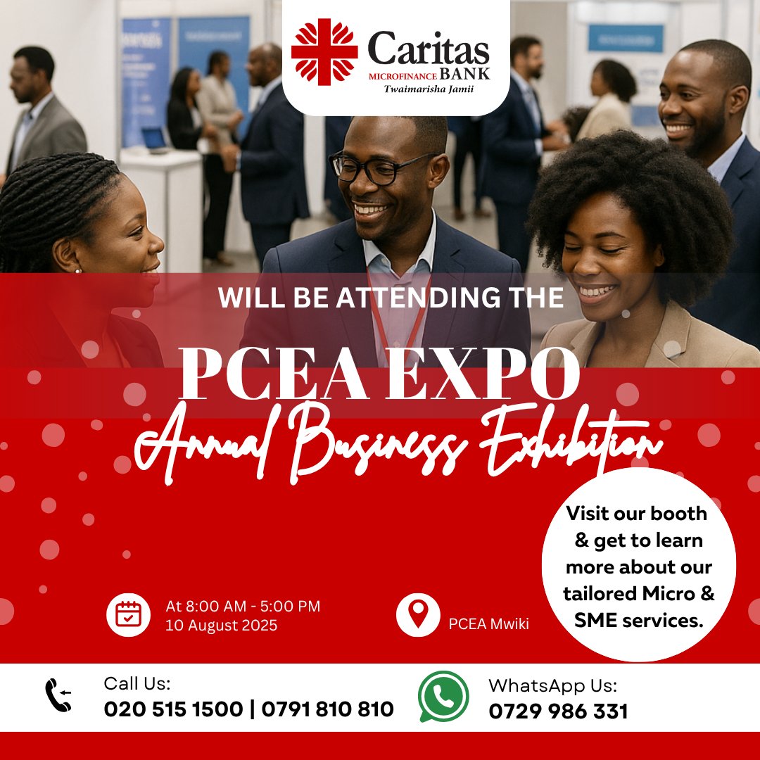 📢 We're excited to be part of the PCEA Expo – Annual Business Exhibition!

Join us on 10th August 2025 at PCEA Mwiki from 8:00 AM to 5:00 PM.

Come, Let's talk business, growth, and opportunity.

#SMEsolutions #TwaimarishaJamii #CaritasAt10