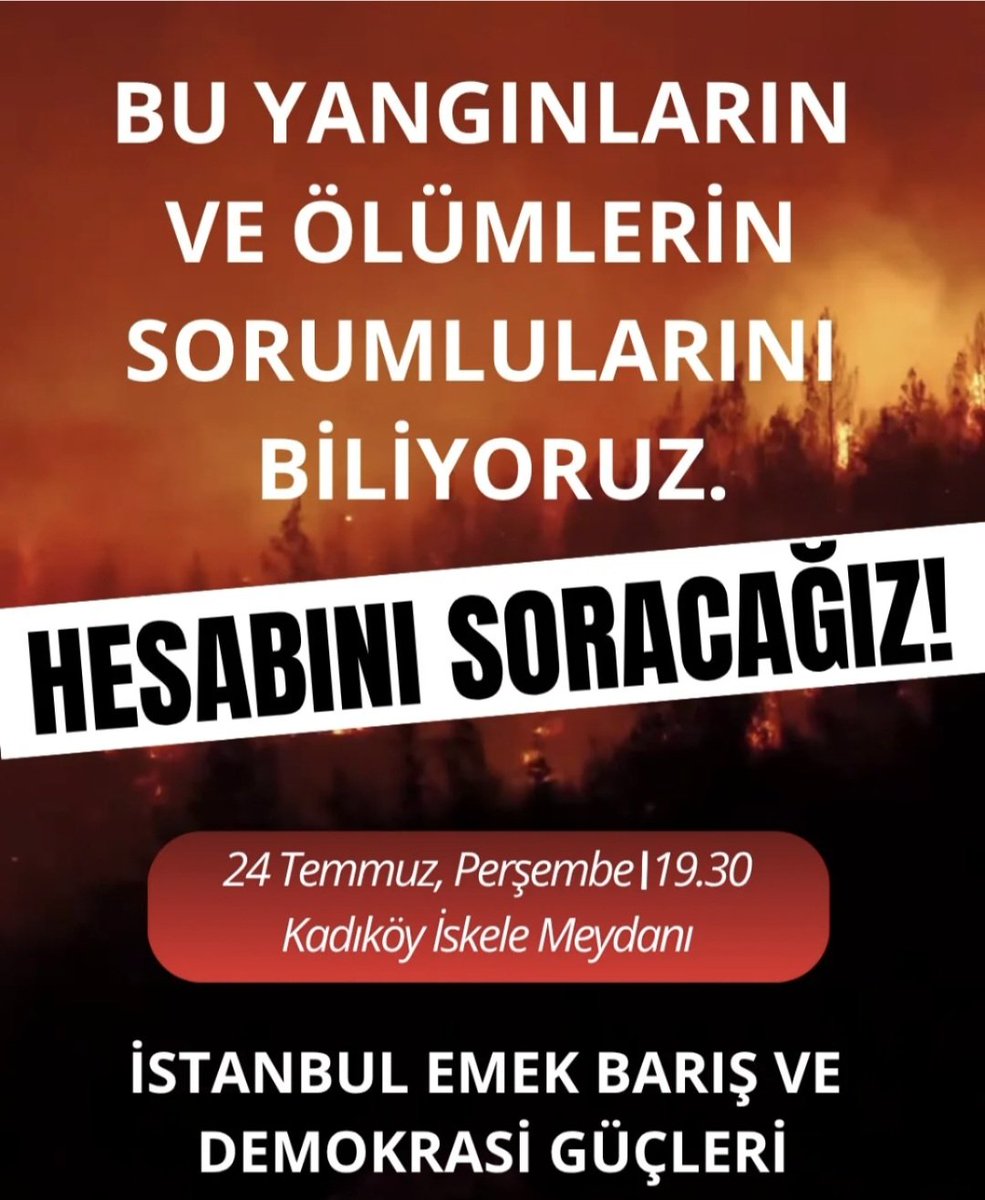 istMorDayanisma's tweet image. İstanbul Emek Barış ve Demokrasi Güçleri'nin çağrısıyla bu akşam saat 19.30'da Kadıköy İskele Meydanı'nda bir araya geliyoruz.
Bu yangınların ve ölümlerin sorumlularını biliyoruz. Hesabını soracağız!
#ormanyangını