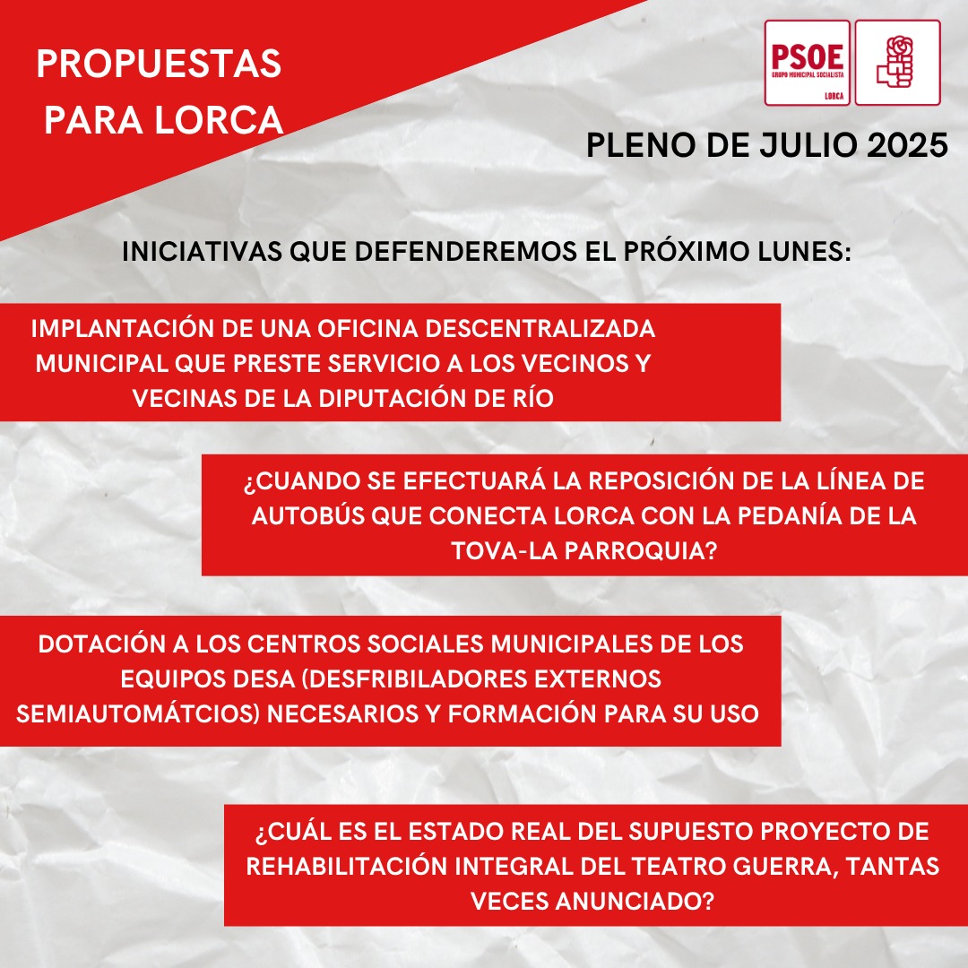 🔴El PSOE de Lorca pedirá en el próximo Pleno explicaciones sobre el cierre del Teatro Guerra, la eliminación del autobús a La Parroquia y mejoras en servicios municipales 

🔗 psoelorca.es/el-psoe-de-lor…