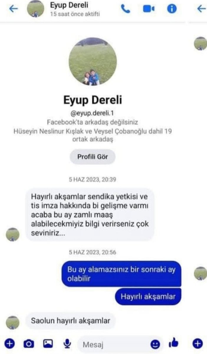 TARIM VE ORMAN BAKANLIĞI İŞÇİ PLATFORMU (@isciplatformu1) on Twitter photo Şehit orman işçisi kardeşimiz Eyüp Dereli’nin mesajı emek mücadelesi veren herkes için bir vicdan çağrısıdır.
“Bu ay zamlı maaş alabilecek miyiz?”
<a href="/memetsimsek/">Mehmet Simsek</a> <a href="/isikhanvedat/">Prof. Dr. Vedat Işıkhan</a>
<a href="/_cevdetyilmaz/">Cevdet Yılmaz</a> <a href="/avabdullahguler/">Abdullah Güler</a>
<a href="/farukozcelikgsb/">Faruk Özçelik</a> <a href="/hakiskonf/">HAKİŞ KONFEDERASYONU</a> <a href="/turkiskonf/">TÜRK-İŞ</a> <a href="/settaraslan/">Settar Aslan</a> Şehit orman işçisi kardeşimiz Eyüp Dereli’nin mesajı emek mücadelesi veren herkes için bir vicdan çağrısıdır.
“Bu ay zamlı maaş alabilecek miyiz?”
<a href="/memetsimsek/">Mehmet Simsek</a> <a href="/isikhanvedat/">Prof. Dr. Vedat Işıkhan</a>
<a href="/_cevdetyilmaz/">Cevdet Yılmaz</a> <a href="/avabdullahguler/">Abdullah Güler</a>
<a href="/farukozcelikgsb/">Faruk Özçelik</a> <a href="/hakiskonf/">HAKİŞ KONFEDERASYONU</a> <a href="/turkiskonf/">TÜRK-İŞ</a> <a href="/settaraslan/">Settar Aslan</a>