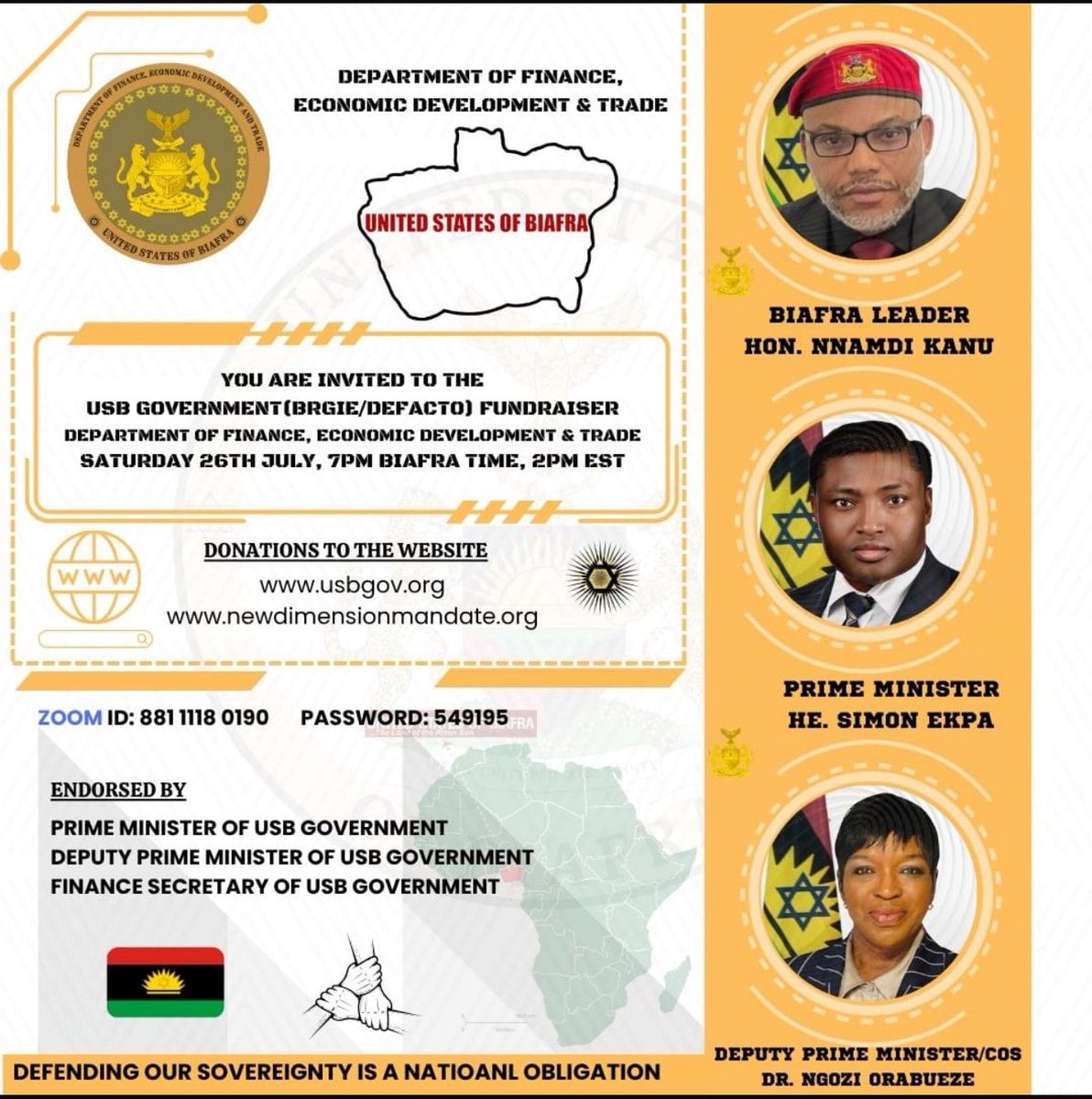 ngoziora's tweet image. Breaking: Please Join Us:

USB General Fundraising

Date: Saturday July 26, 2025 

Time: 7:00 PM Biafra time
02:00 PM Eastern Time (US and Canada)

Join Zoom Meeting
us02web.zoom.us/j/87198801646?…

Meeting ID: 871 9880 1646
Passcode: 348167

---

One tap mobile…