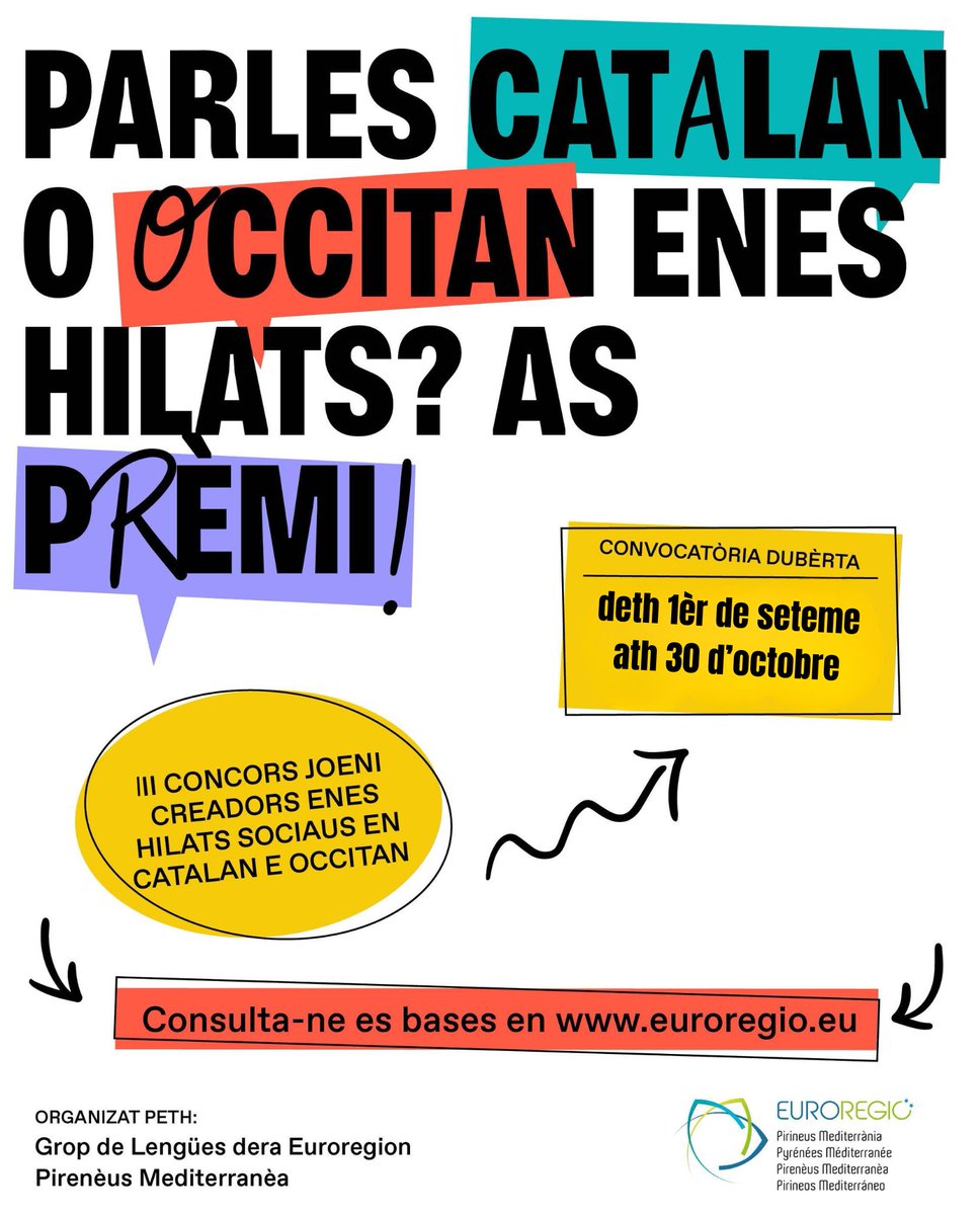 📲 Parlatz catalan o occitan enes hilats sociaus?
Ètz creatius e desiratz compartir es vòstes idèes?
Era <a href="/Euroregion/">Euroregio</a> que presente era 3au edicion deth concors CREAOCCAT
ℹ️ Lèu mès informacion

🔗 instagram.com/p/DMZw9AUt29O/
🔗 euroregio.eu