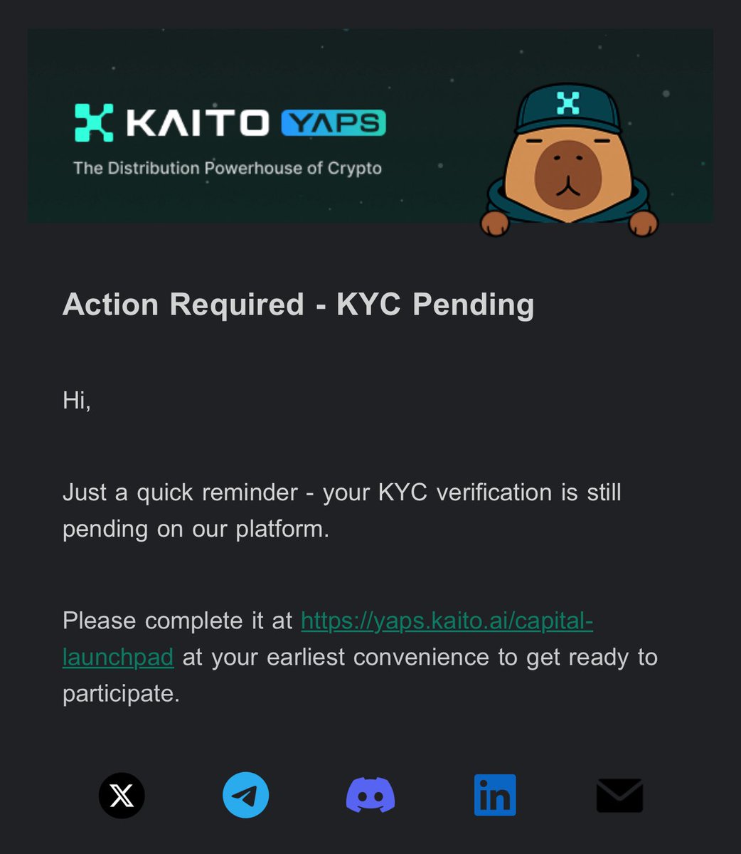 Kaito发邮件让我完成KYC了… 我是真的想做… 只可惜收不到短信啊… 只能祝福明天@KaitoAI LaunchPad的首次发射能成功了…  有种收到婚礼请柬，然后给前女友说“祝你幸福！”的感觉…
