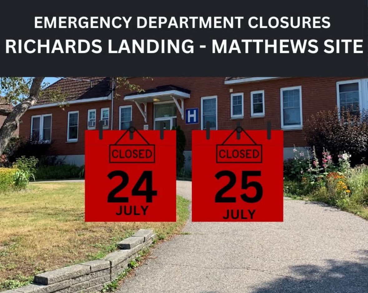 Nobody paid attention to this one yesterday so for the people of #RichardsLanding &amp;surrounding area, here it is again.

The ER is CLOSED from 8am today until 8am Sun due to physician shortages AKA <a href="/fordnation/">Doug Ford</a> &amp; <a href="/SylviaJonesMPP/">Sylvia Jones</a> ’ cruel disregard. 

We all matter or none of us do.