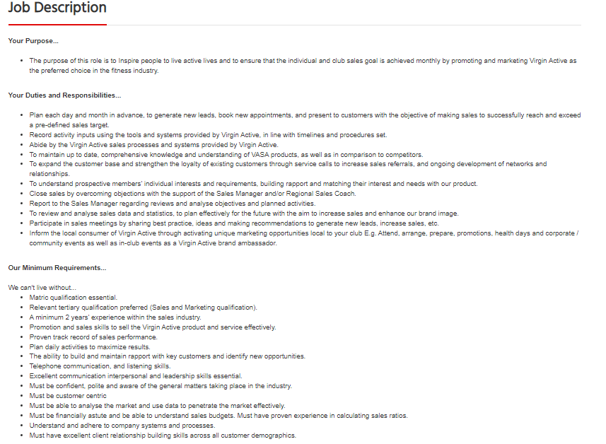 HunterSpani's tweet image. Job Alert!!!
Company: Virgin Active South Africa (Pty) Ltd
Position: Sales Consultant
Location: Randburg, Gauteng
Click here to apply: spanihunter.co.za/single-job/?id…
Closing Date: 08 August 2025
Please refer to the picture for more info
