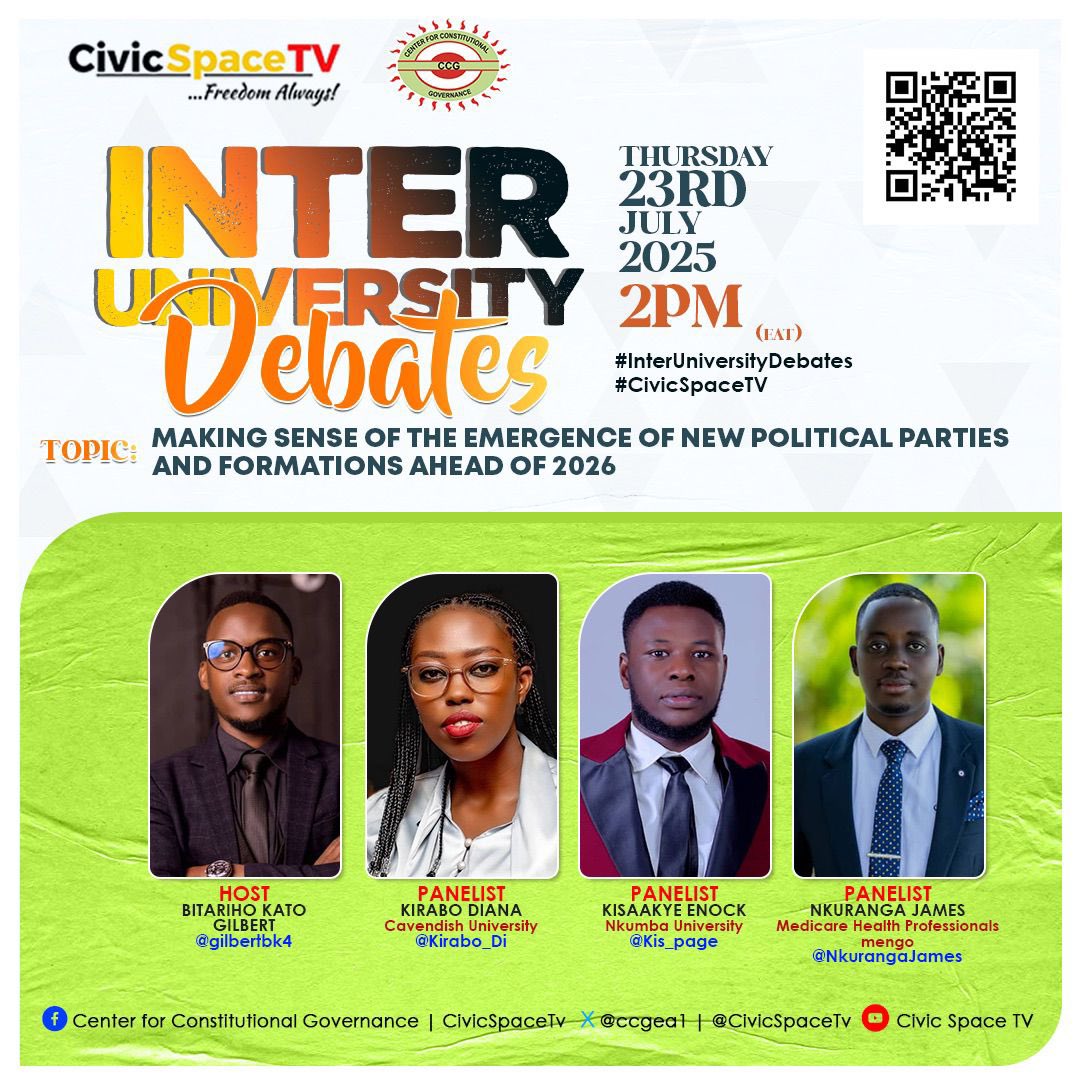 gilbertbk4's tweet image. Following the 2005 referendum, Uganda saw its way into a multiparty system of governance up to date . Join us as we make sense of the emergence of new political parties and formations ahead of 2026 on @CivicSpaceTV I am joined by @kis_page , @KiraboMusoni and @NkurangaJames