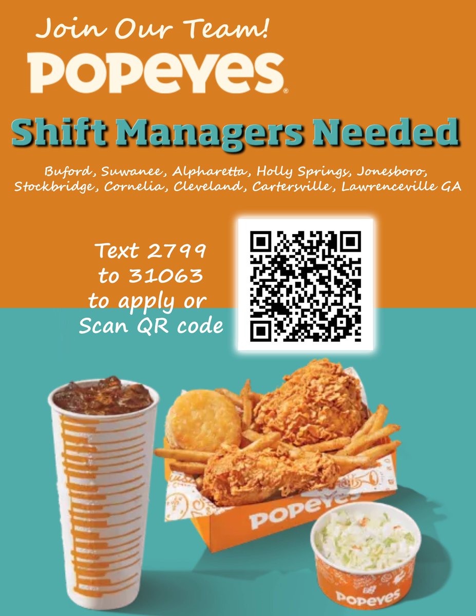 FunkyChickenATL's tweet image. 🔥 STEP UP &amp;amp; LEAD THE FLAVOR! 🔥
Popeyes is searching for Shift Managers 
👉 Apply now: workstream.us/j/74bf9108/pop…
#BufordGA #SuwaneeGA #AlpharettaGA #HollySpringsGA #JonesboroGA #StockbridgeGA #CorneliaGA #ClevelandGA #CartersvilleGA #LawrencevilleGA #Popeyes  #GeorgiaJobs