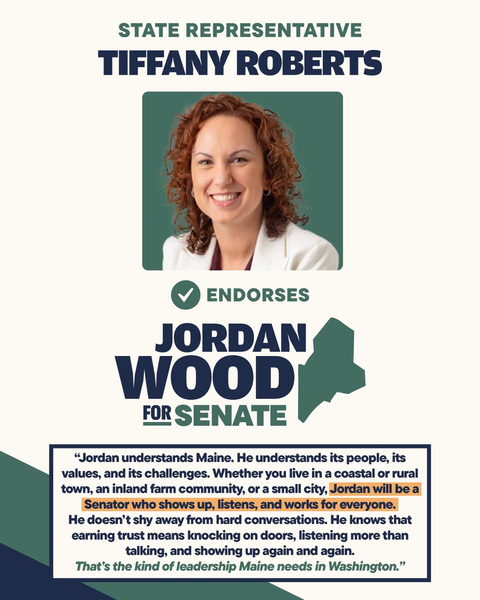JordanWoodME's tweet image. Beating Susan Collins will be a tough fight but I know what it takes to win tough races and how to fix Washington once I'm elected.
Thank you to State @reptdroberts for your endorsement! I can't wait to get to work with you.