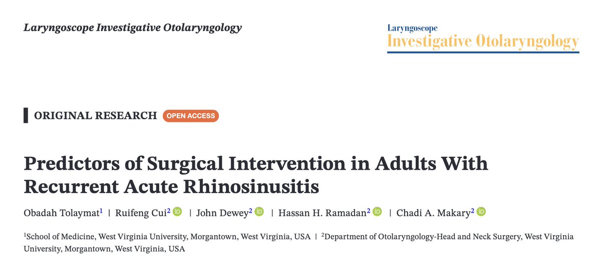 MakaryENT's tweet image. Our latest study on #recurrent_acute_rhinosinusitis underscores the importance of patient selection when considering sinus surgery. Presence of objective disease is important. @Triological #Rhinology #SinusSurgery #RARS #WVUMedicine @WVUENT
doi.org/10.1002/lio2.7…