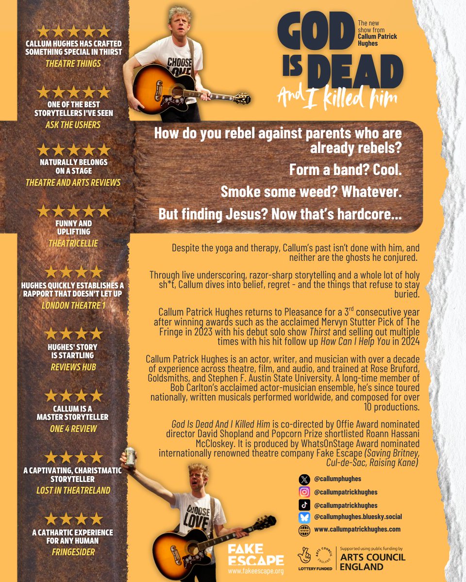 Fake Escape (@fakeescapetc) on Twitter photo We're delighted to be producing <a href="/callumphughes/">Callum Patrick Hughes</a> 3rd <a href="/edfringe/">Edinburgh Festival Fringe</a> show #GodIsDeadAndIKilledHim
Catch us <a href="/ThePleasance/">Pleasance</a> Bunker 2 30th July - 25 Aug 2025!
pleasance.co.uk/event/god-dead… We're delighted to be producing <a href="/callumphughes/">Callum Patrick Hughes</a> 3rd <a href="/edfringe/">Edinburgh Festival Fringe</a> show #GodIsDeadAndIKilledHim
Catch us <a href="/ThePleasance/">Pleasance</a> Bunker 2 30th July - 25 Aug 2025!
pleasance.co.uk/event/god-dead…