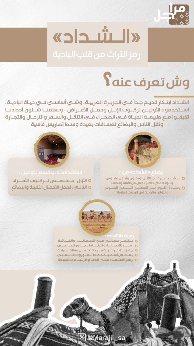 Marajil_sa's tweet photo. كثير نسمع اللي يقولون «راعي الشداد»..
وهي عبارة يقولونها للرجل الكفو

يقول الشاعر محمد الرويبخ:

الحلم نادم رأس أخو نورة على ظهر الشداد
ولولاه ما صرنا يدًا وحده ولا صرنا شعب 🇸🇦

طيب وش تعرف عن «الشداد»؟
هنا في #مراجل نعطيك العلم

هذا #علمنا_وسلامتكم https://t.co/ZiI2qRjrmB