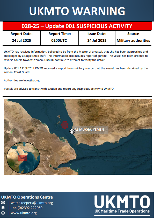UK_MTO's tweet image. 20250724-UKMTO WARNING INCIDENT 028-25 UPDATE 001 SUSPICIOUS ACTIVITY
ukmto.org/ukmto-products…
#MaritimeSecurity #MarSec