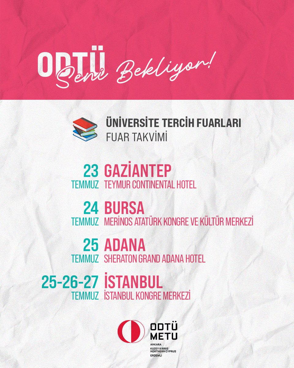 METU_ODTU's tweet image. Tercih döneminde ODTÜ'yü daha yakından keşfetmek ister misin? Bölümlerimizden kampüs hayatına, araştırma fırsatlarından öğrenci topluluklarına merak ettiğin tüm soruları sormak için seni 8 farklı ildeki fuar stantlarımıza davet ediyoruz!
Gel birlikte dünyayı değiştirelim!
🔗…
