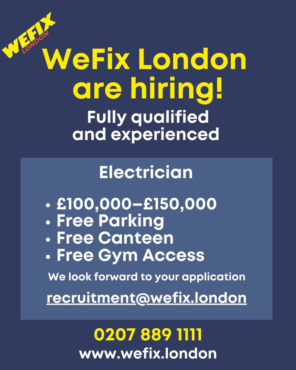 Charlie Mullins OBE (@charliem_obe) on Twitter photo WeFix London is looking for a fully qualified electrician with experience in all major EV charger brands.
We look forward to your application โ recruitment@wefix.london WeFix London is looking for a fully qualified electrician with experience in all major EV charger brands.
We look forward to your application โ recruitment@wefix.london