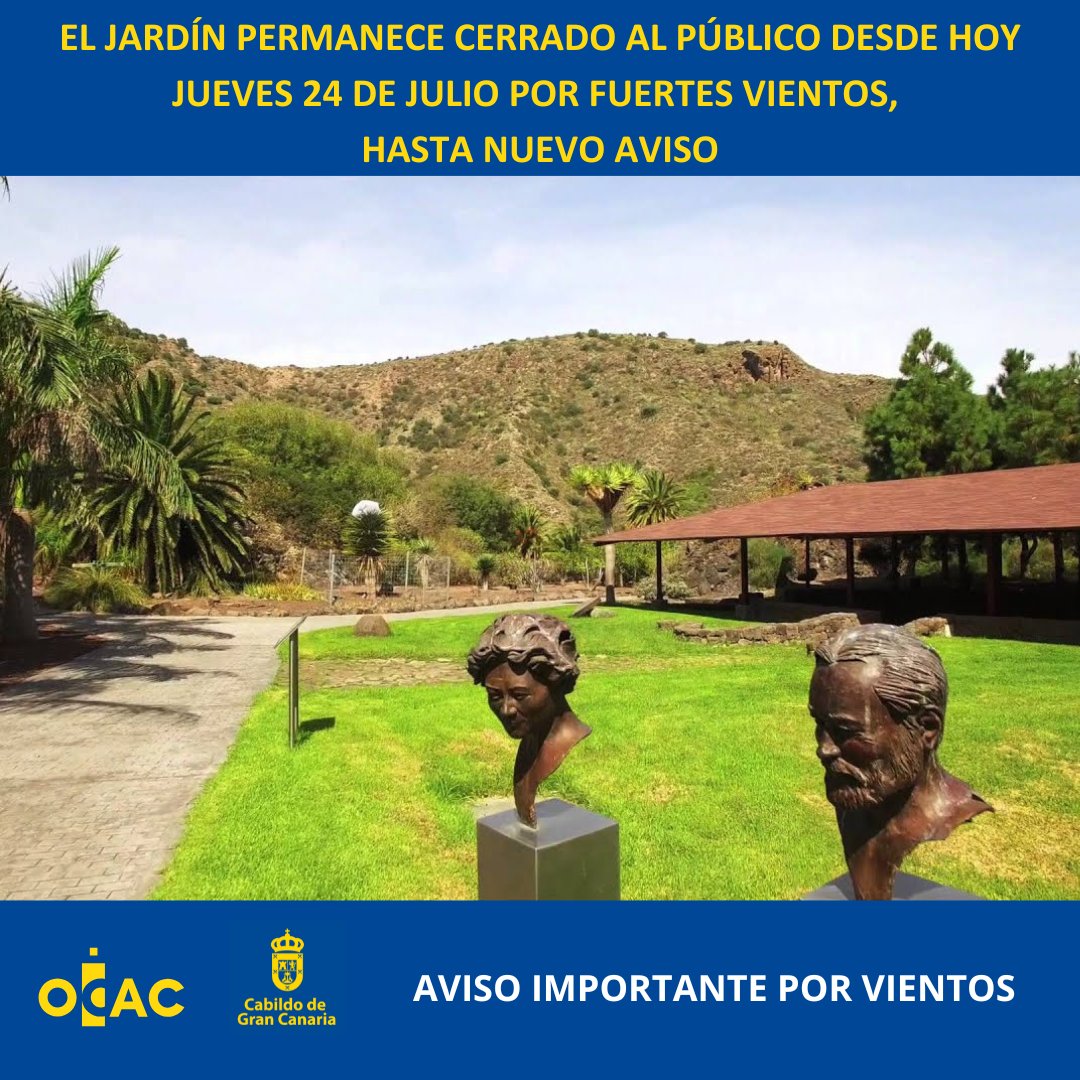 ⚠️Aviso cierre temporal 
Informamos que, por motivos de seguridad, el Jardín Botánico permanecerá cerrado a partir de hoy, 24/7/2025, hasta nuevo aviso debido a las CONDICIONES METEOROLÓGICAS ADVERSAS provocadas por fuertes vientos

Lamentamos las molestias ocasionadas