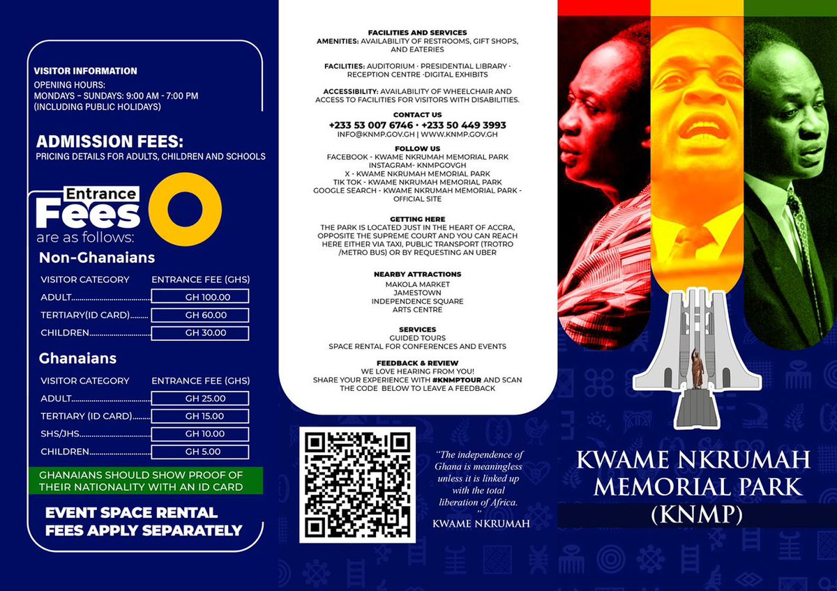 knmpgovgh's tweet image. Bilingual visitor brochures are now available 🎉 🔥 New brochures in English and French are now available for guests to enhance their experience at Kwame Nkrumah Memorial Park. 
Pick up a copy at the entrance during your next visit!
#KNMPtour  #VisitGhana  #KwameNkrumahLegacy