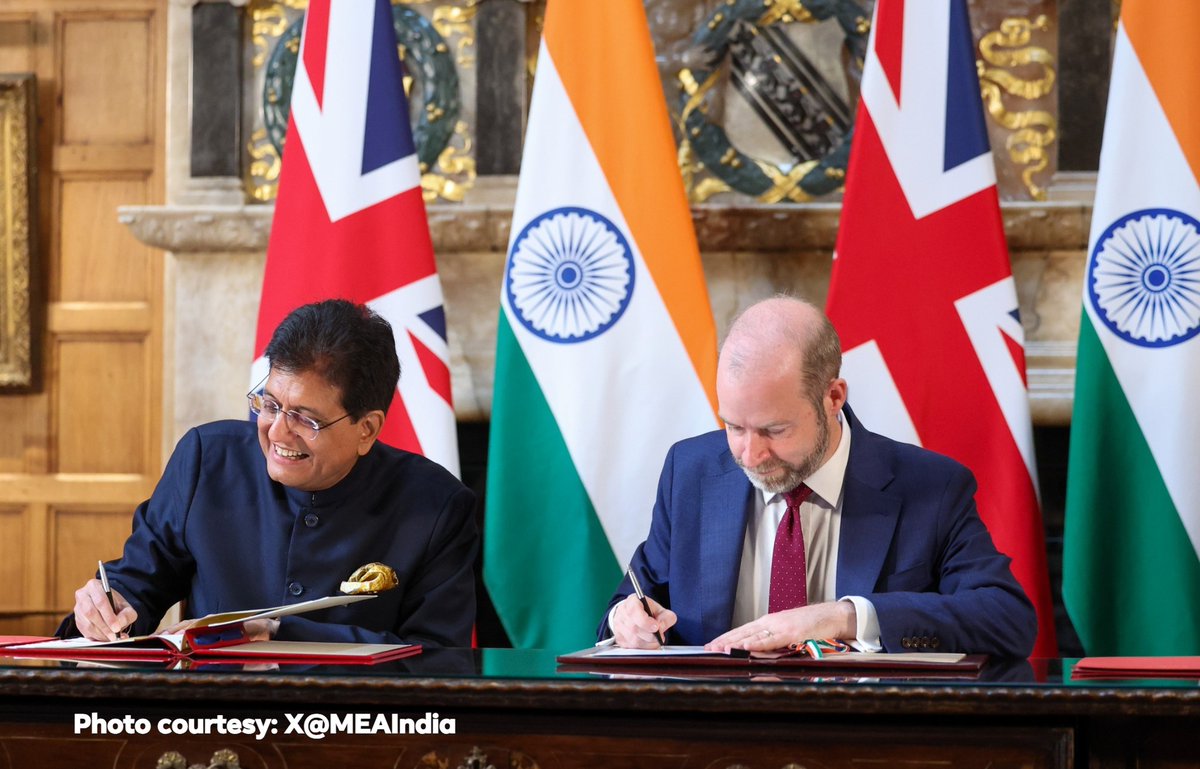India and the UK have signed a landmark FTA, which is expected to boost bilateral trade by USD 34 bn annually. This is the largest agreement the UK has signed with a country since leaving the European Union in 2020

#IndiaUKFTA #PMModiInUK