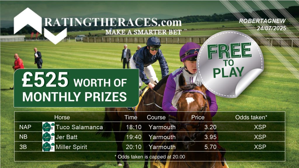 robertagnew (@robertagnew41) on Twitter photo My #RTRNaps are:
Tuco Salamanca @ 18:10
Jer Batt @ 19:40
Miller Spirit @ 20:10
Sponsored by <a href="/RatingTheRaces/">RatingTheRaces</a> - Enter for FREE here: bit.ly/NapCompFreeEnt… My #RTRNaps are:
Tuco Salamanca @ 18:10
Jer Batt @ 19:40
Miller Spirit @ 20:10
Sponsored by <a href="/RatingTheRaces/">RatingTheRaces</a> - Enter for FREE here: bit.ly/NapCompFreeEnt…