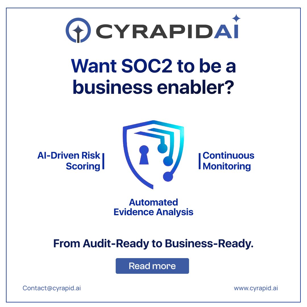 CYRAPID_GenAI's tweet image. #SOC2. Simplified. Future-ready.

A fast-growing tech firm used #CYRAPIDAI for:
• AI risk scoring
• Automated evidence
• Real-time dashboards

Result: Faster certification, stronger trust.

🔗 Read more: cyrapid.ai/blogs/soc2-rea…

#Cybersecurity #Compliance #CISO #RiskManagement